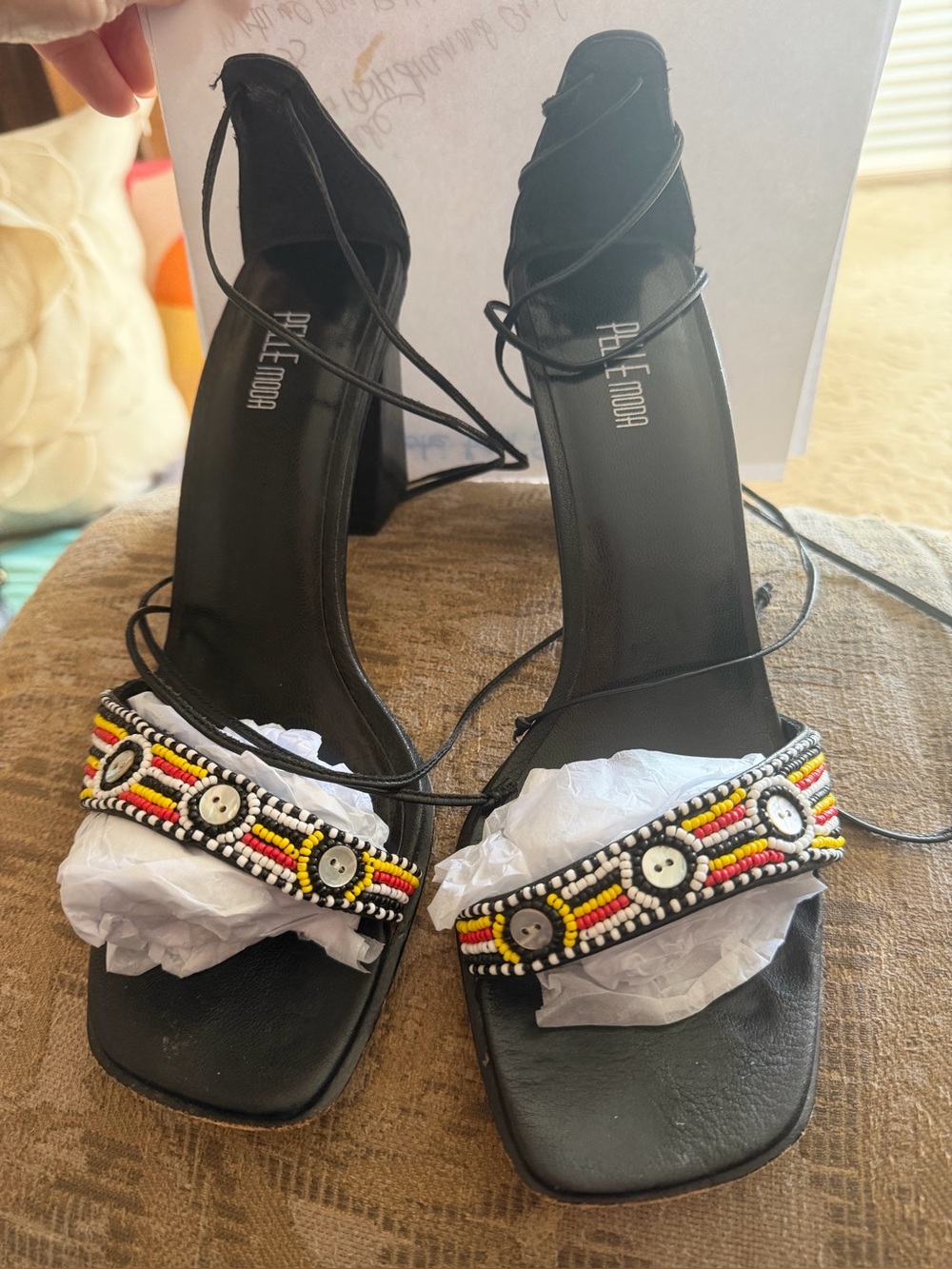Pelle Moda Black Beaded Ankle-Tie Heels with Multicolor Beadwork size 8-1/2